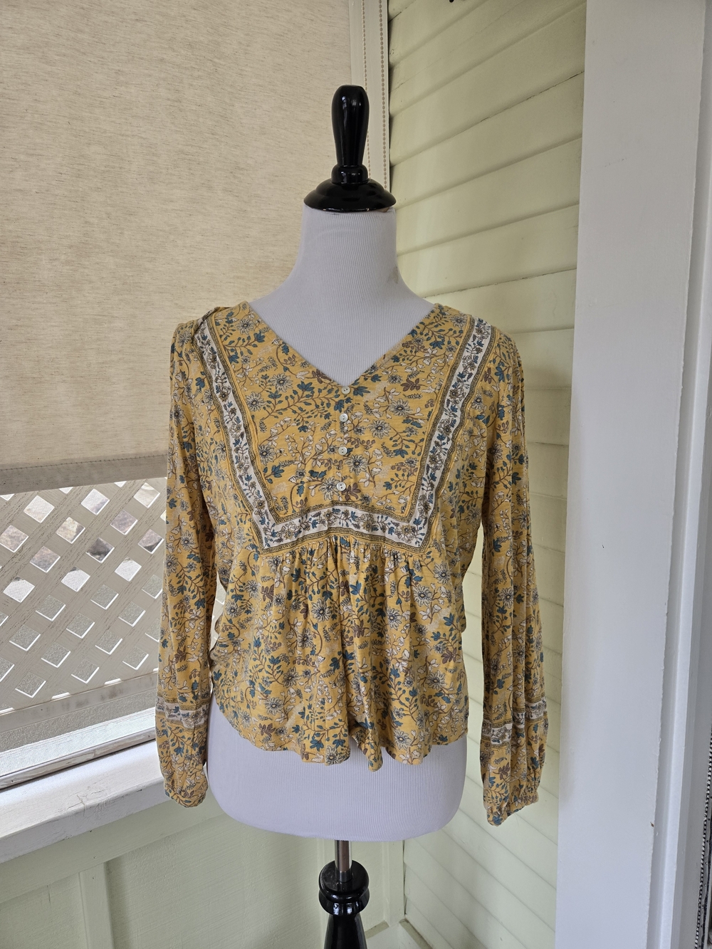 Lucky Brand Mustard Floral V-Neck Peasant Tunic
